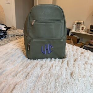 Olive Green Backpack from Thirty-One with Purple Monogram